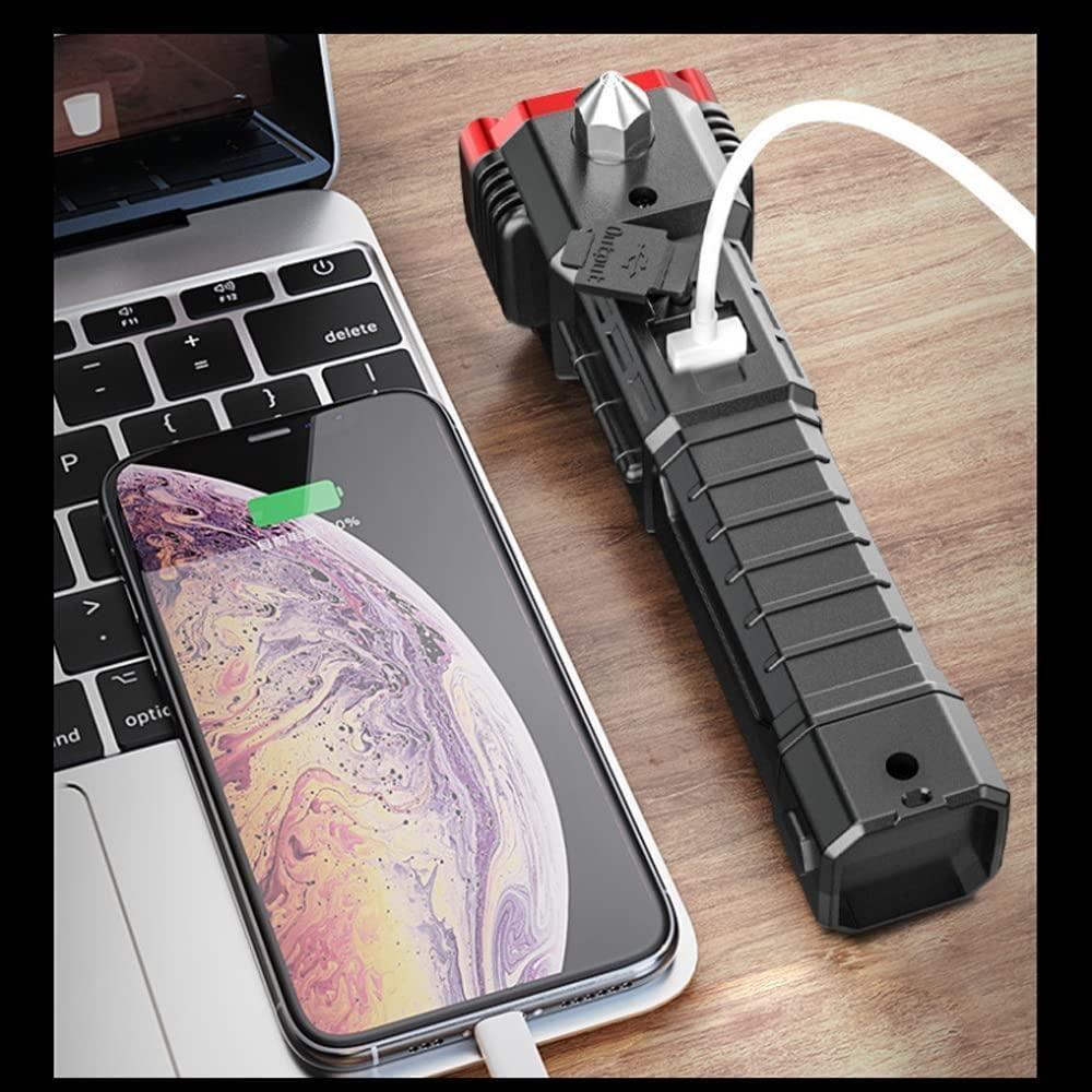 Portable LED Flashlight Multifunctional Work Light Power Bank Emergencies Safety Hammer Waterproof with Sidelight 4 Light Modes