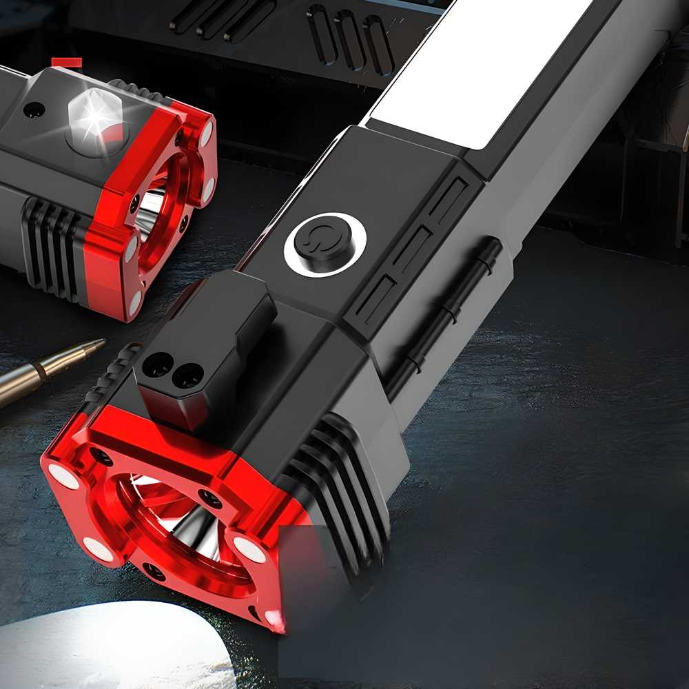 Portable LED Flashlight Multifunctional Work Light Power Bank Emergencies Safety Hammer Waterproof with Sidelight 4 Light Modes
